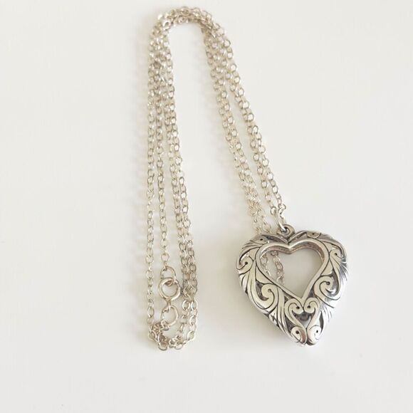 Vintage 925 Sterling Silver Ornate Scroll Open Puffy Pendant Chain Necklace 30" - Picture 1 of 7